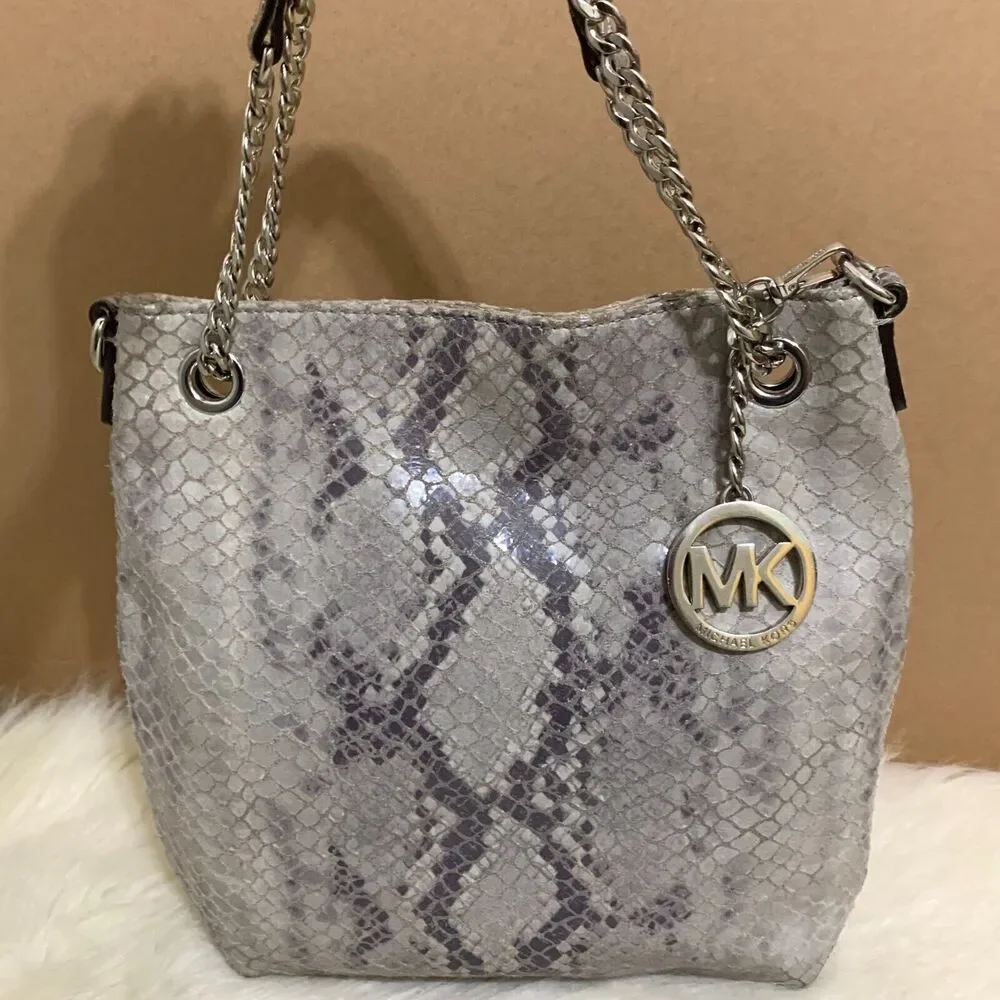 MICHAEL KORS JET SET Gray Python Leather North South Convertible Chain Hobo